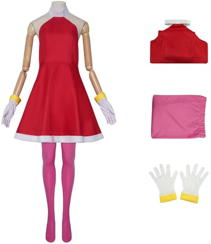 Windskids Amy Rose Kostüm Damen Cosplay Anime Rosa Igel Amy Rose Kleid Strumpfhosen Handschuhe Set 3 Stück für Fancy Dress Up Halloween Karneval Party Maskerade Bühne Performance Verkleidung