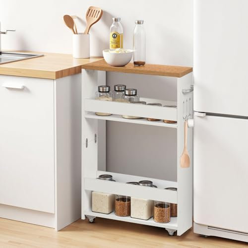 FetiNes Rollwagen 3 Ebenen, Küchenwagen schmal, Nischenregal auf Rollen, Stahl, Griff, für kleine Räume, 40 x 14 x 60 cm, Küche, Bad, Wohnzimmer, Arbeitszimmer, Eichenfarben + Weiß