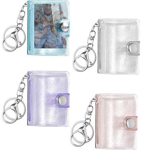 AONAYO 4 miniálbumes de fotos, llaveros con cierre de mosquetón, álbum de fotos portátil, llavero de 2 pulgadas, para álbum de fotos DIY, tarjetas (multicolor brillante)