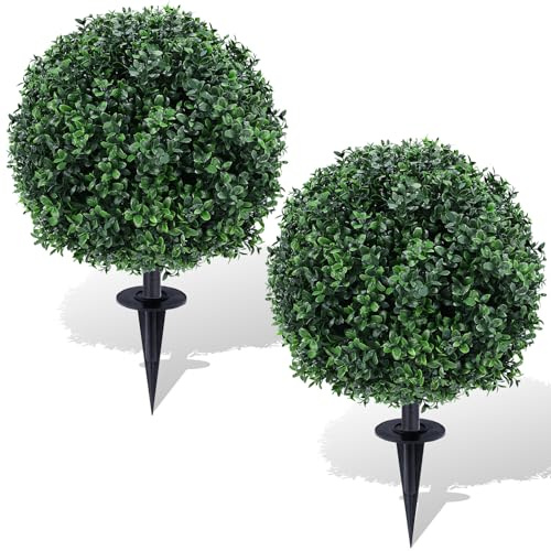 ENVEN Künstlicher Buchsbaum-Formschnitt-Kugelbaum mit Erdspieß, 61 cm, 2 Stück, künstliche Formschnitt-Kugelsträucher, UV-beständig, für Innen- und Garten, Hof, Veranda, Terrassendekoration