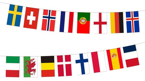 Eurovision Guirlande de drapeaux 12 m, 2025 - Drapeau en tissu double face - 16 nations - Pour femme - Coupe d'Europe de football - Pour bar, club, jardin, intérieur et extérieur