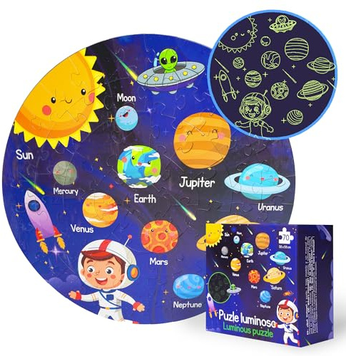 Sonnensystem Puzzle für Kinder (70 Teile) - Puzzle 4 Jahre und 5 6 7 8 - Spielzeug für Kinder 5 Jahre - Lernspielzeug, rundes Puzzle, XL, Planeten, Sonnensystem, Geschenk für Kinder, Puzzle, 5 Jahre