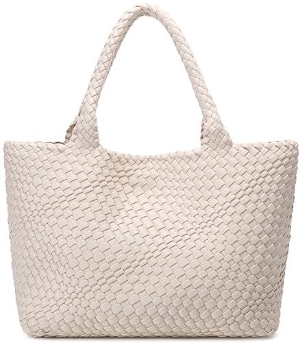 Queenoris Sac tissé pour femme, sac à main tendance en cuir végétalien avec poignée sur le dessus, grand sac fourre-tout de voyage, Blanc crème, Medium