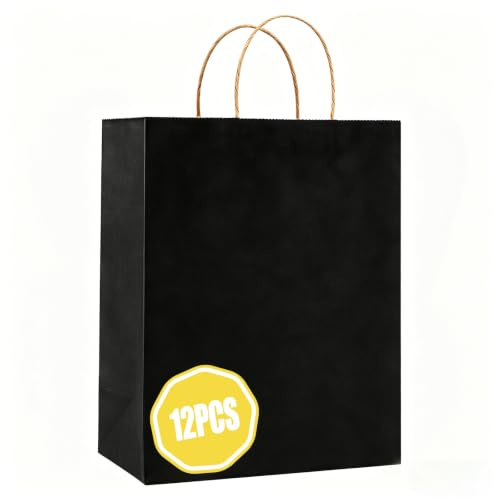 Crisgus 12 Kleine Schwarze Kraftpapier Geschenktüten mit Henkeln 15x8x21 cm