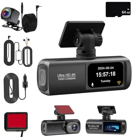KIXZSAZ Caméra de Tableau de Bord et arrière, caméra Tableau Bord 4K/1080P 4K, enregistreur, Moniteur stationnement 24H Enregistrement en Boucle Compact, Carte 64G