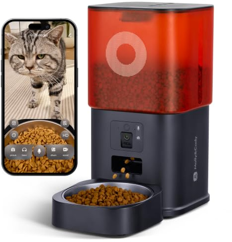 Distributeur Croquettes Chat Automatique avec Caméra, 6L, pour Chat et Petit Chien, Audio Bidirectionnel, Vision Nocturne, Contrôle Via App WiFi 2.4G, Bol en Acier Inoxydable (Noir)