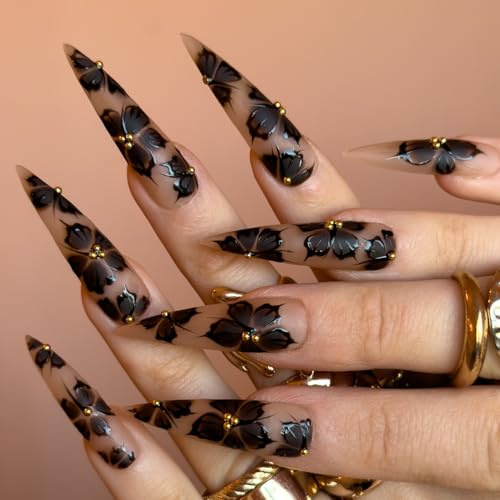 24pcs Extra Long Stiletto False Nails Black Flower Press on Nails | Translucent Nude Stick on Nails, Black Flower Design, Gold Bead Accent, Removable, Glue-on Fake Nail Accessories for Women