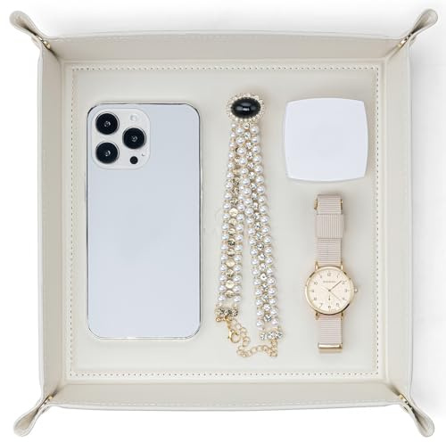 VLANDO Kunstleder-Tablett für Männer und Frauen, 28 × 28 cm, großer Nachttisch-Organizer für Ihn, Herren-Schlafzimmer-Zubehör, Nachttisch für Schlüssel, Münzen, Uhrenstifte (Off-White)