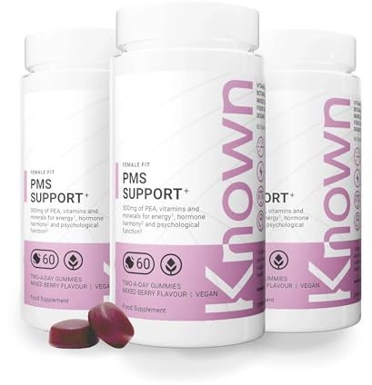 Known PMS Support Gummies - Mixed Berry - 3 Month Supply - 3rd Party Tested, Vegan - Vitamin B6, Palmitoylethanolamide (PEA), Iron, Monthly Cycle Care, Support Oxygen Transport, Psychological Function