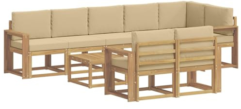 vidaXL Outdoor-Sofagarnitur mit Kissen 9 pcs Weiß und Beige Polyester, Stylisches Außensofa, wetterfestes Set, Bequeme Sitzgelegenheit für den Garten, Akazienholz Möbel