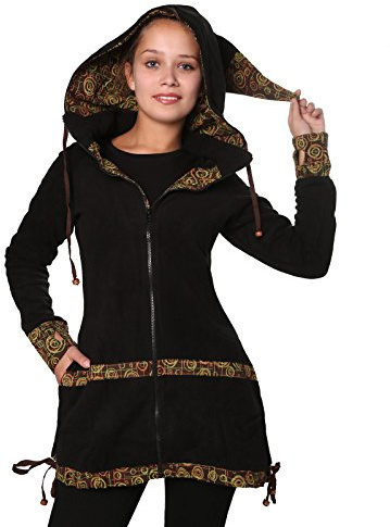 Kunst und Magie kurzer Damenmantel aus Fleece mit abnehmbarer Zipfelkapuze Fairy, Size/Größe:38;Farbe:Schwarz/Braun