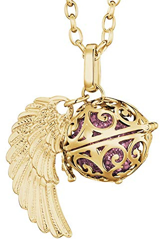 Morella collar ángel de la guarda de acero inoxidable oro 70 cm con colgante alas de ángel y bola de resonancia de circonita 16 mm para damas en bolsa para joyas