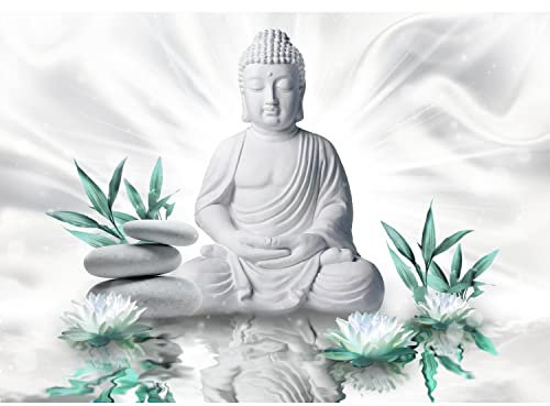 Runa Art Fototapete Buddha Blumen Zen Modern Vlies Wohnzimmer Schlafzimmer - Made in Germany - Weiss Türkis 9289010b