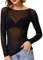 Lazzboy Damen Langarm Pullover, Frauen Langarm Shirt Transparent Tüll Mesh Bluse Body T-Shirt Tunika Tops Schwarz