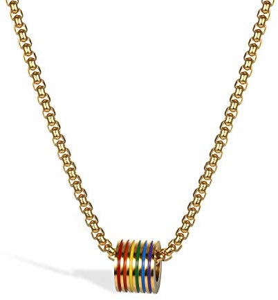 Flongo Gay Pride Schwul LGBT Kugel Anhänger Halskette aus Edelstahl Golden Gold Regenbogen Streifen Gay Pride Schwul Lesben Homosexual Homosexuell