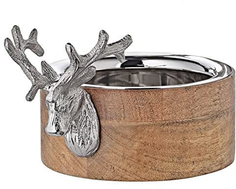 EDZARD Bol/tazon Ciervo, aluminio niquelado y madera de mango, con cabeza de ciervo, longitud 23 cm, anchura 13 cm, cuenco decorativo