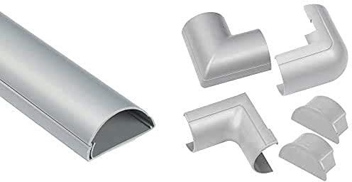 2 x D-Line Maxi Trunking, TV Cable Tidy, Aluminium-Effect - 50mm (W) x 25mm (H) - 1-Meter Length & Maxi Clip-Over Accessory Pack, Join Multiple Lengths of 50x25mm Cable Cover - Aluminium-Effect