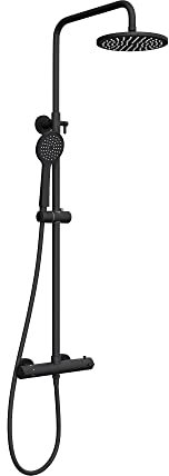 doporro Design Duscharmatur in Schwarz Matt | Duschstange mit Duschkopf rund und Regendusche | Duschsystem wassersparend mit Wandhalterung