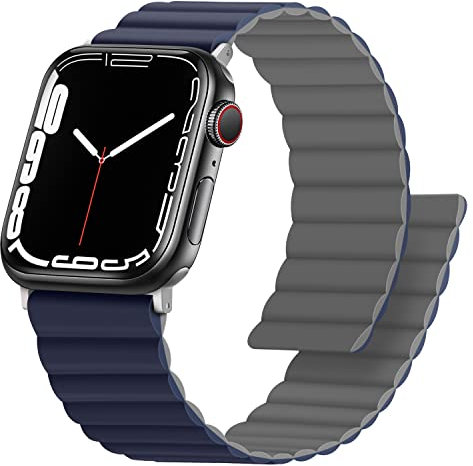 Anlinser Correas Compatible con Correa Apple Watch 49/46/45/44/42/41/40/38mm, Pulsera Magnética Reversible de Doble Cara para iWatch Ultra Serie 10/9/8/7/6/5/4/3/SE (49/46/45/44/42, Azul Oscuro/Gris)