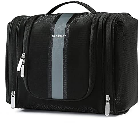 Kulturbeutel für Frauen, BAGSMART Reise-Kultur-Organizer mit Haken zum Aufhängen, wasserfester Kosmetik-Make-up-Taschen-Reise-Organizer für Shampoo, Behälter in voller Größe, Toilettenartikel, Schwarz