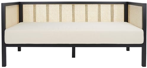 SAFAVIEH Home Collection Dune Coastal Black Rattan 3-Seater Sofa with White Cushion