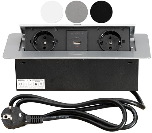 BROLLUX Einbausteckdose versenkbar 2fach mit USB/USBC Silber mit Softöffnung Aluminium Spritzguss 1,5m Anschlusskabel Steckdose