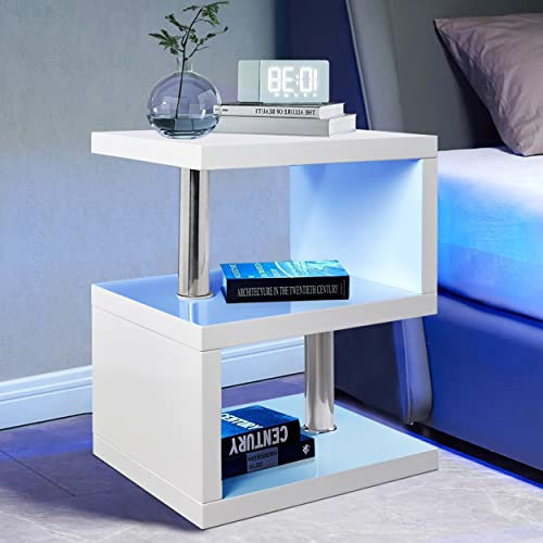 Blisswood White Led Side Table Small Coffee Table For Living Room, High Gloss S Shape Sofa End Table With RGB Led Lights, 2 Tier Storage Shelves Rectangle Coffee Tables For Home Office Furniture