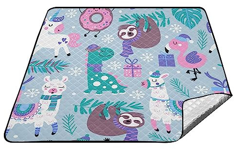 YOUJUNER Picknickdecke 200x200cm, süßer Lama-Einhorn-Faultier-Dinosaurier groß wasserdicht Campingdecke faltbar Strandmatte Picknick-Matte für Park, Garten, Strand Outdoor