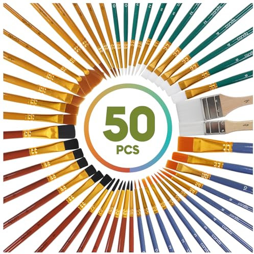 CONDA Paint Brushes Set of 50 Pieces Wooden Handles Brushes, Different Shapes Professional Art Paint Brushes for Oil, Acrylic Canvas and Watercolor Painting