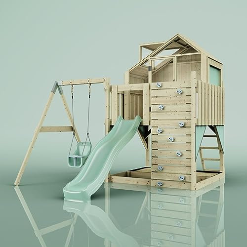 Rebo Spielturm mit Spielhaus inkl. Wellenrutsche und Baby-Schaukel | Outdoor Klettergerüst Garten | Kletterwand und Kletterleiter | Stabile Konstruktion, Weiches Gefühl in den Seilen