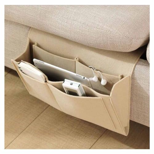 SHTGOI Betttasche Filz Nachttisch-Organizer Anti-Rutsch Bett Organizer zum Einhängen Sofa Aufbewahrungstasche mit 5 Taschen Nachttisch Tasche für Buch,Brille,Telefon,iPad,Fernbedienung Beige