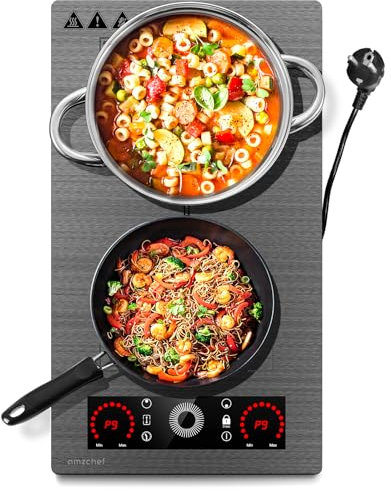Placa de inducción AMZCHEF 2 placas con zonas flexibles, placa de inducción doble con enchufe, 9 niveles de potencia, calentamiento a intervalos, control deslizante táctil, bloqueo para niños, 3300W