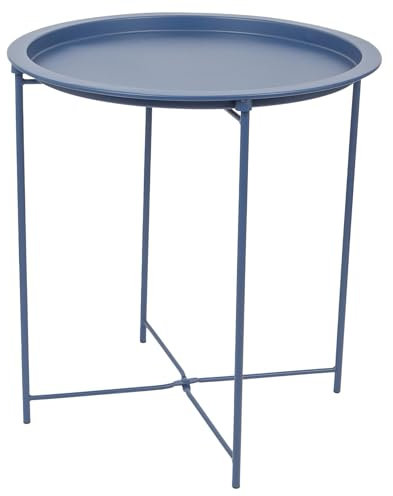Harbour Housewares Round Tray Table with Removable Tray - Pack of 1 - Matte Navy Steel Bed Side Table Raised Lip Serving Dish Compact Collapsible Folding Stand for Bedroom, Home and Office