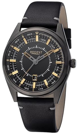 REGENT Herren Armbanduhr Analog Lederarmband schwarz URBA763 Analoguhr
