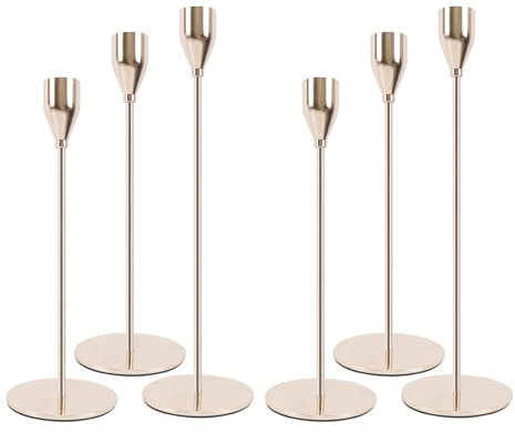 Filltown Gold Candle Holders Set of 6, Tall Taper Metal Gold Candlestick Holders, Two Pairs of Each Size, for 3/4-Inch Pillar Candle Decorations, Mantels, Weddings, Dinner Parties, Table Centerpieces
