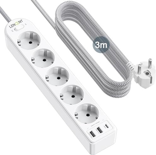LENCENT 5 Fach Steckdosenleiste 8 in 1 Mehrfachsteckdosen Steckerleiste 4000W mit 1 Typ-C&2 USB-A Anschlüßse, USB Mehrfachstecker 16A mit 3 Meter Geflochtenem Kabel für Steckdose Wandsteckdose, Weiß