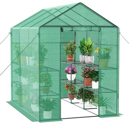 Ribelli Foliengewächshaus, Gewächshaus mit Aufrollbarer Tür, Tomatengewächshaus 143x195x213 cm, 4 Regale Treibhaus, Winterfest PE-Gitterfolie, Gartenhaus für Pflanzen, Gemüse, Blumen, Grün