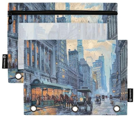 JUMBEAR New York City Center Street Painting Binder Taschen für 3-Ring-Ordner, 2 Stück, Reißverschluss, Federmäppchen, Bindertaschen für Büro, Uni, Schulbedarf, Kosmetik, a, 9.8 x 7 inches
