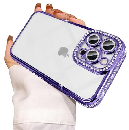 Reownest Clear for iPhone 16 Pro Max Case Cute Crystal Glitter Bling Women Girls Aesthetics Phone Cover with Sparkle Diamond Camera Len Protector -Purple