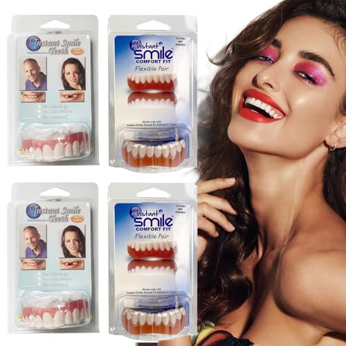 2 Pair Soft Denture Reline Kit, False Teeth Clip in Veneers Teeth Dentures Soft Dentures for Upper and Lower Jaw Snap on Dentures Natural Tones Silicone Denture Top and Bottom