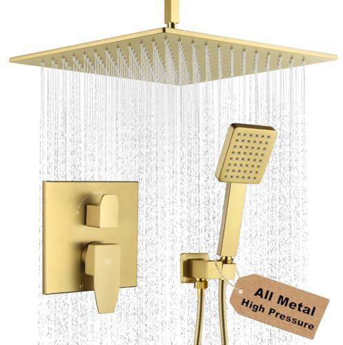 POP SANITARYWARE 30,5 cm Deckenmontage, Duscharmatur-Set, gebürstetes Gold, Deckenregenduschkopf und Griff-Set, Badezimmer-Regenduschsystem, inklusive Duschventil und Verkleidungsset