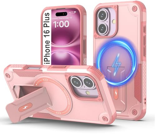 Tuvror Magnétique Coque pour iPhone 16 Plus avec Support, [Compatible avec MagSafe] Support intégré, Protection Militaire, Coque de Téléphone Robuste Antichoc pour iPhone 16 Plus, Rose
