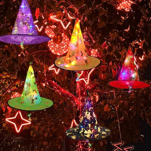 Halloween Lichterkette, 5 Stück Hängend Leuchtend Hexenhut, 3M 50LED Hexenhut Lichterkette für Außen Innen, Halloween Deko Lichterkette für Outdoor Indoor Garten Hof Baum Veranda