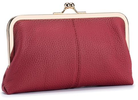 Karoukee Weiches Echtleder Geldbörse für Frauen, Vintage Style Damen Handy Geldbeutel, Elegantes Portemonnaie mit 8 Kartenfächern, Goldener Kuss-Schloss-Verschluss, Weinrot