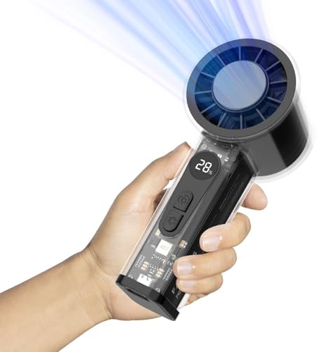 Oramuon Ventilateur Portable Rechargeable 5000mAh (avec fonction de refroidissement) — Mini Ventilateur de Poche 6 Vitesses, Autonomie maximale 15h, Écran LED — Indispensable pour Concerts, Voyages