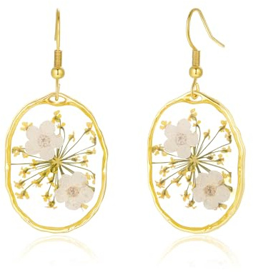 Boucles d’oreilles à fleurs sauvages pressées Myosotis et Carotte sauvage | Bijou à fleurs pressées | Boucles d’oreilles pendantes faites à la main | Fête des mères | Cadeau pour femme