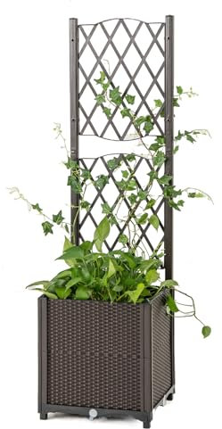 GOPLUS Blumenkasten mit Rankgitter, Hochbeet mit Spalier für Kletterpflanzen & Topfpflanzen, Tiefes Pflanzbeet mit Drainagelöchern für Balkon, Hinterhof & Garten (Braun,40 x 40 x 140 cm)