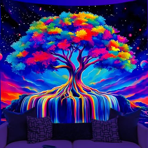 WEBEEDY Tapisserie Colorée de l'Arbre de Vie Réactive aux UV Tenture Murale Ciel Étoilé Espace Cascade Esthétique Lumière Noire Posters pour Décoration de Chambre (150x130cm)