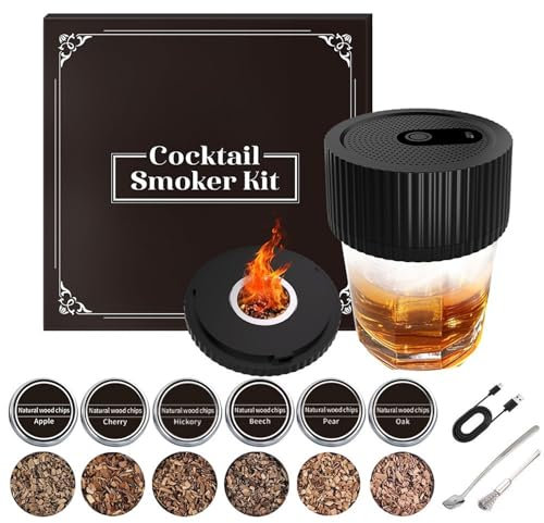 Elektrischer Whisky Smoker Set, Whiskey Geschenke für Männer mit 6 Holzchips Cocktail Zubehör, Wiederaufladbare Cocktail Smoker Infuser Kit, Old Fashioned Drink Smoker Kit, Husband, Boyfriend