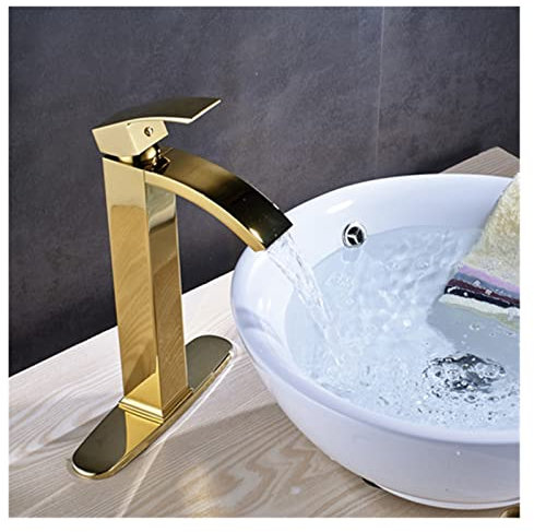 Goldene Messing Badarmatur Einhebelmischer Eckig Waschtischarmatur für Aufsatzwaschbecken Langlebige Waschtischarmatur mit Abdeckung Modernes Design für Heimwerker